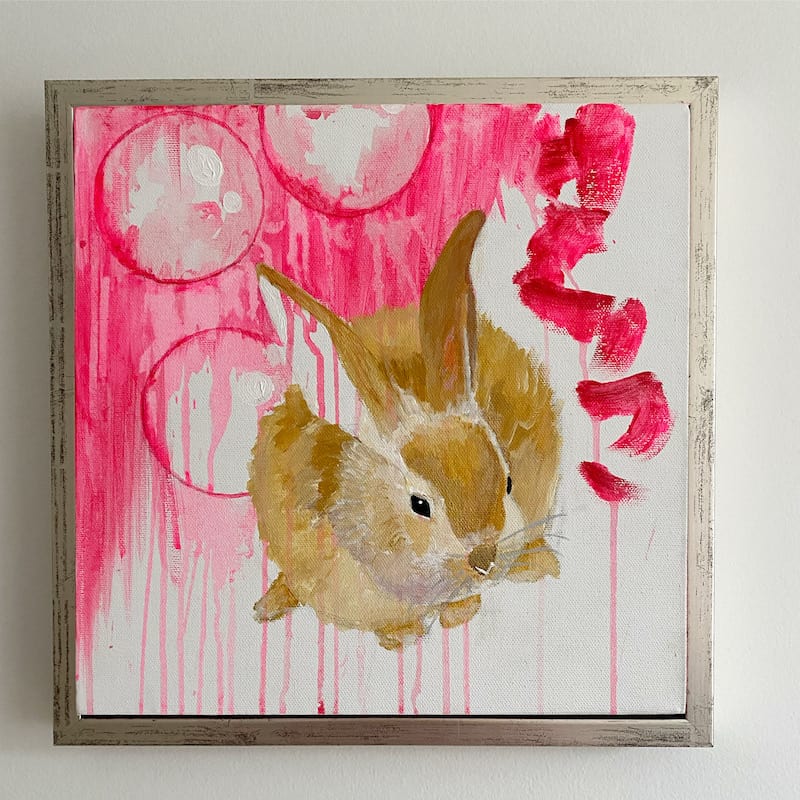 Maleri til børneværelset af kanin med lyserøde bobler